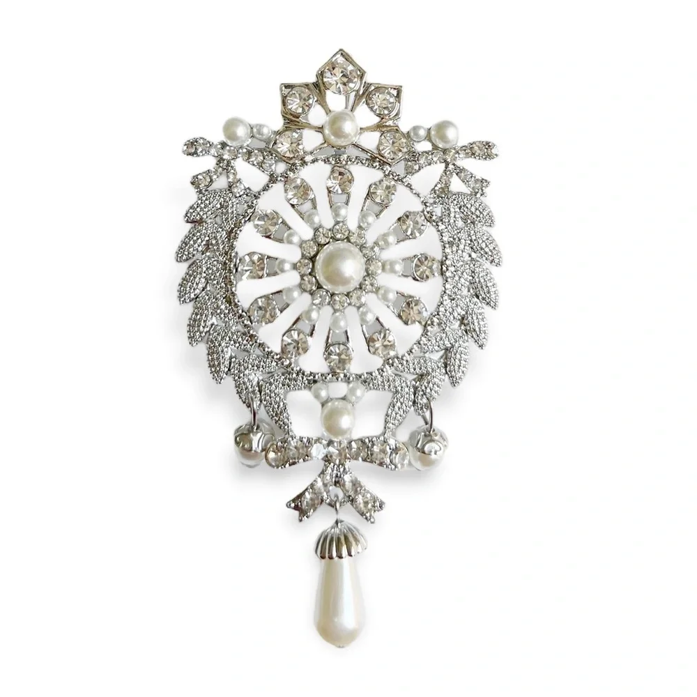 Regal Wreath Silvertone Clear Crystal Faux Pearl Drop Large Corsage Brooch Pin